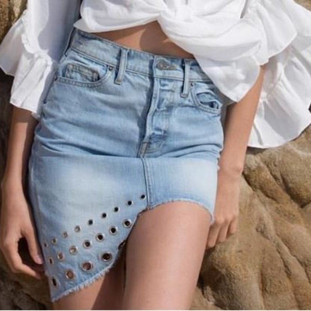 MISA LOS ANGELES SUPERSTAR ASYMMETRICAL GROMMET STUDDED DENIM MINI SKIRT SIZE 27